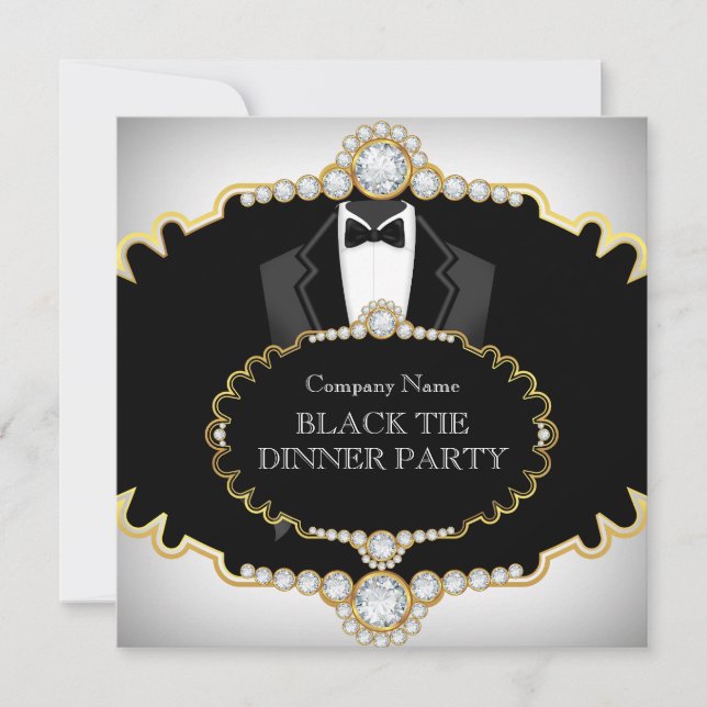 Convite Jantar de Gala Smoking Preto Dourado Branco (Frente)
