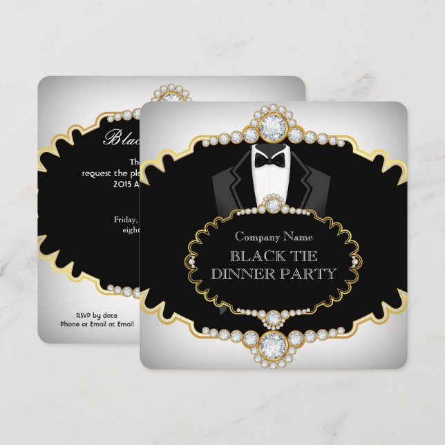 Convite Jantar de Gala Tuxedo Preto Dourado Branco (Frente/Verso)