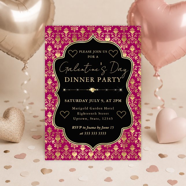 Convite Jantar de Galentine com Coração em Damasco Rosa e  (Criador carregado)