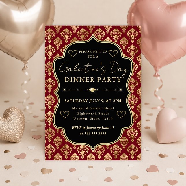Convite Jantar de Galentine's com Coração de Damasco Verme (Criador carregado)