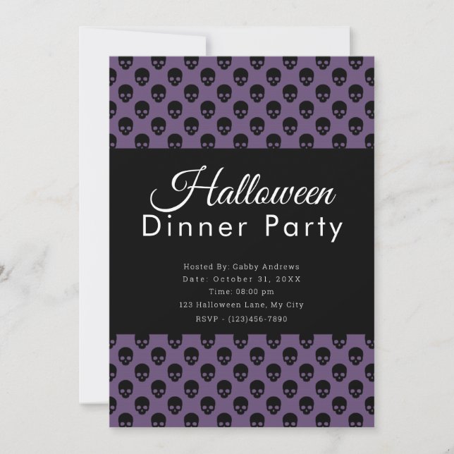 Convite Jantar de Halloween Caveiras Roxas e Pretas (Frente)
