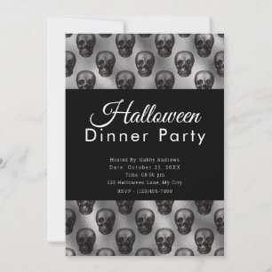Convite Jantar de Halloween de Metal Prata Caveiras de Pra