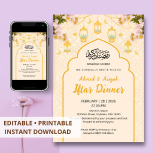 Convite Jantar de Iftar Arco Dourado com Lanterna Floral B