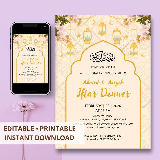 Convite Jantar de Iftar Arco Dourado com Lanterna Floral B (Criador carregado)