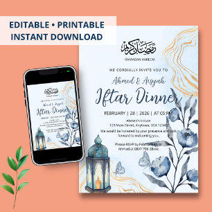 Convite Jantar de Iftar Azul Floral em Aquarela Moderna &