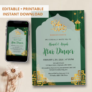 Convite Jantar de Iftar com Aquarela Verde Escuro Elegante