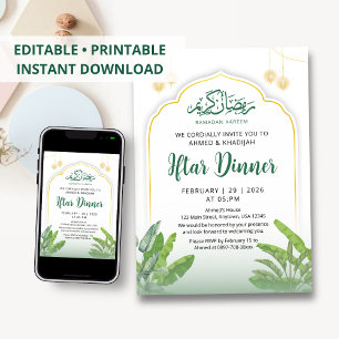 Convite Jantar de Iftar com Folhas Tropicais Verdes Modern