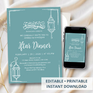 Convite Jantar de Iftar com Lanterna Desenhada à Mão Minim