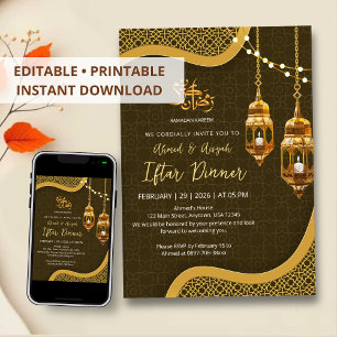 Convite Jantar de Iftar com Lanterna Marrom e Dourada Eleg