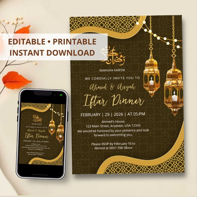 Convite Jantar de Iftar com Lanterna Marrom e Dourada Eleg (Criador carregado)