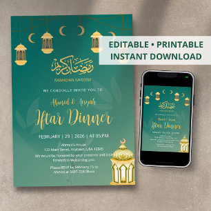 Convite Jantar de Iftar com Lanterna Verde e Dourada Elega