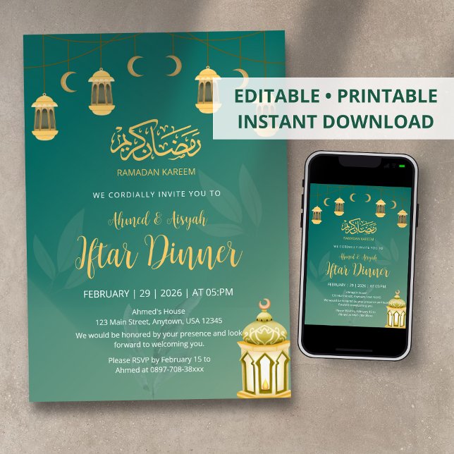 Convite Jantar de Iftar com Lanterna Verde e Dourada Elega (Criador carregado)