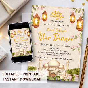 Convite Jantar de Iftar com Mesquita e Lanternas em Aquare