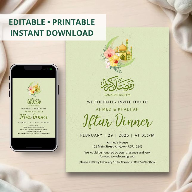 Convite Jantar de Iftar da Lua Floral Elegante e Mesquita  (Criador carregado)