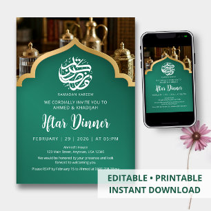 Convite Jantar de Iftar de Ramadan Elegante Arco Verde Dou