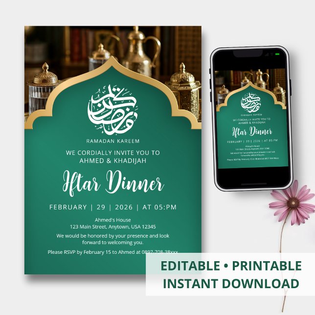 Convite Jantar de Iftar de Ramadan Elegante Arco Verde Dou (Criador carregado)