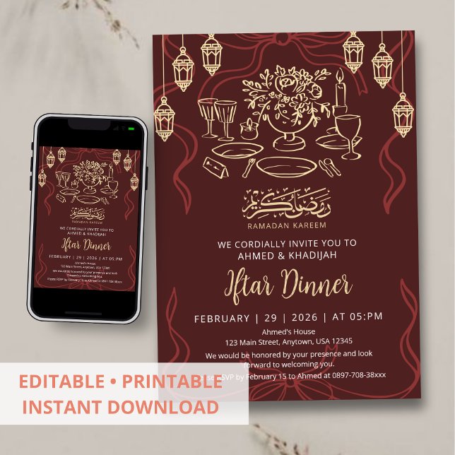 Convite Jantar de Iftar de Ramadan Marrom e Dourado Elegan (Criador carregado)