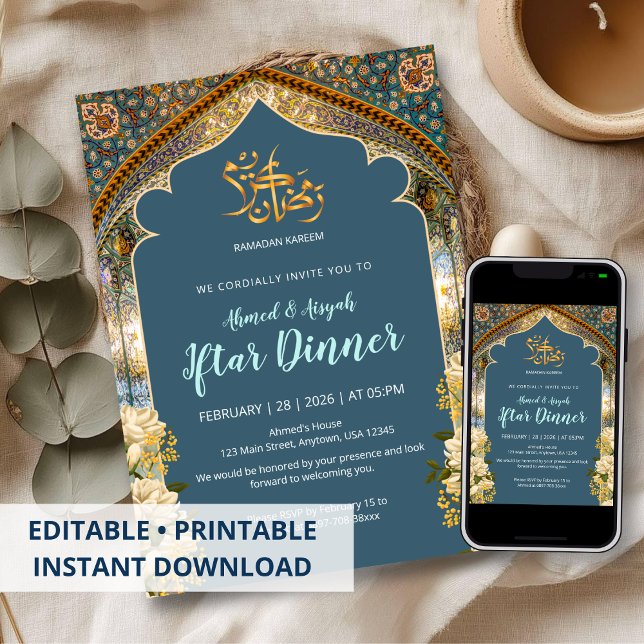 Convite Jantar de Iftar do Arco Azul e Dourado Elegante do (Criador carregado)