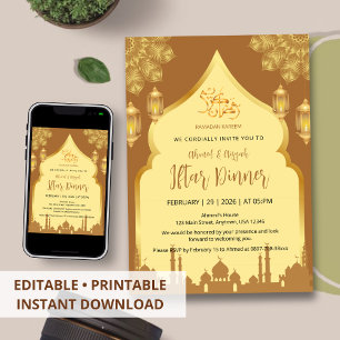 Convite Jantar de Iftar do Arco Islâmico Luxuoso Dourado e