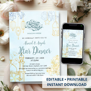 Convite Jantar de Iftar do Ramadan Floral Azul e Dourado M