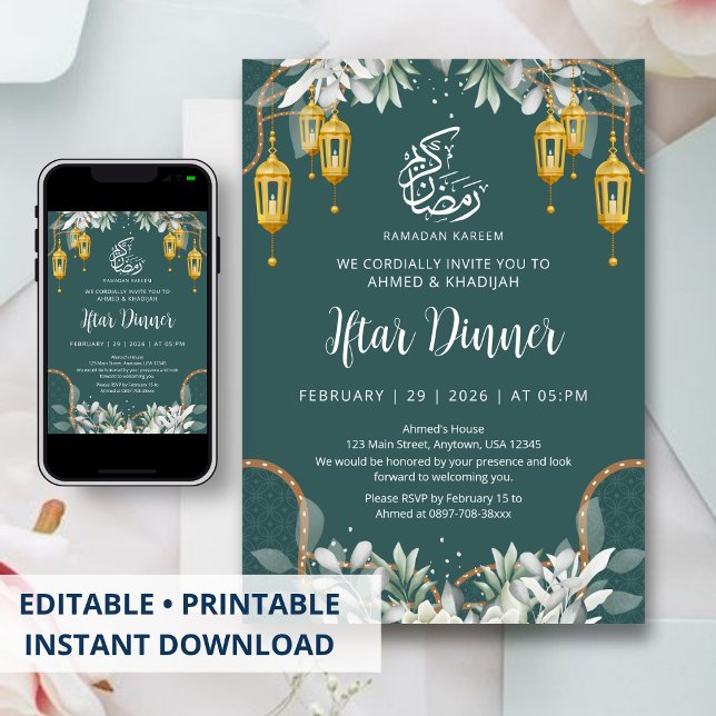 Convite Jantar de Iftar do Ramadão com Padrão Azul Tradici (Criador carregado)