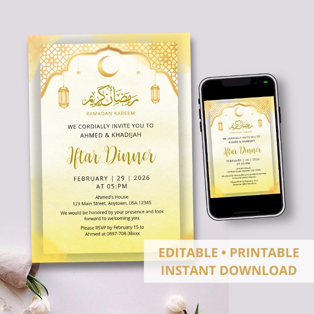 Convite Jantar de Iftar Dourado com Padrão Islâmico Tradic (Criador carregado)