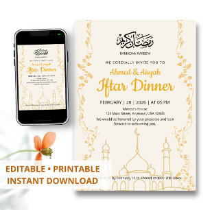 Convite Jantar de Iftar Elegante Dourado Ramadan Kareem