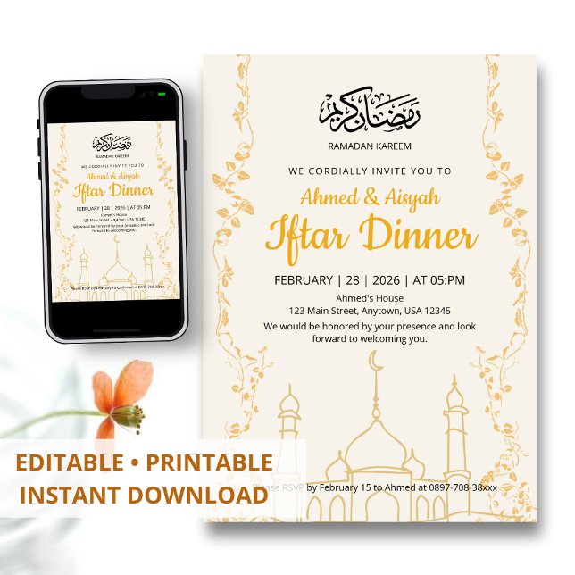 Convite Jantar de Iftar Elegante Dourado Ramadan Kareem (Criador carregado)