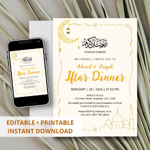 Convite Jantar de Iftar Elegante Dourado Ramadan Kareem