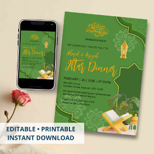 Convite Jantar de Iftar Elegante Verde e Dourado Ramadan K