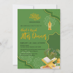 Convite Jantar de Iftar Elegante Verde e Dourado Ramadan K