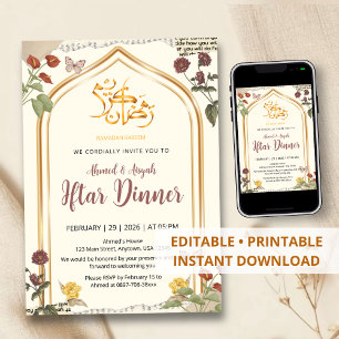 Convite Jantar de Iftar Floral Arco de Ouro Elegante do Ra