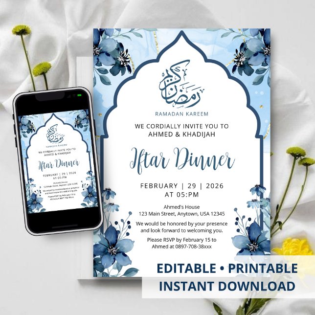Convite Jantar de Iftar Floral em Aquarela Azul Marinho do (Criador carregado)