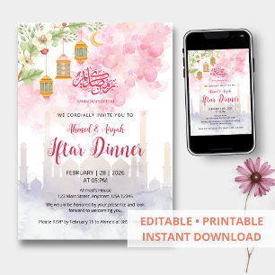 Convite Jantar de Iftar Floral Rosa em Aquarela no Ramadan