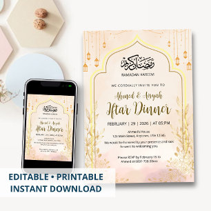Convite Jantar de Iftar Floral Rosa Suave do Ramadão