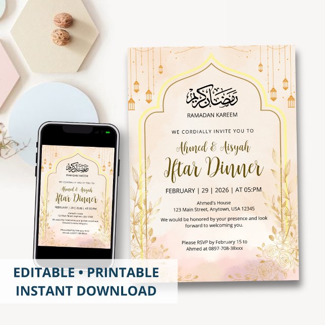 Convite Jantar de Iftar Floral Rosa Suave do Ramadão (Criador carregado)