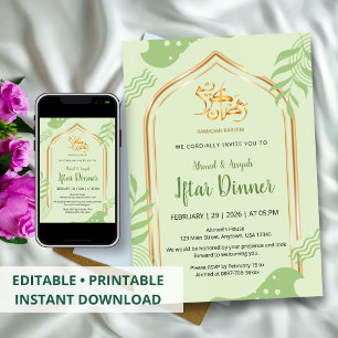 Convite Jantar de Iftar Floral Verde e Dourado Elegante