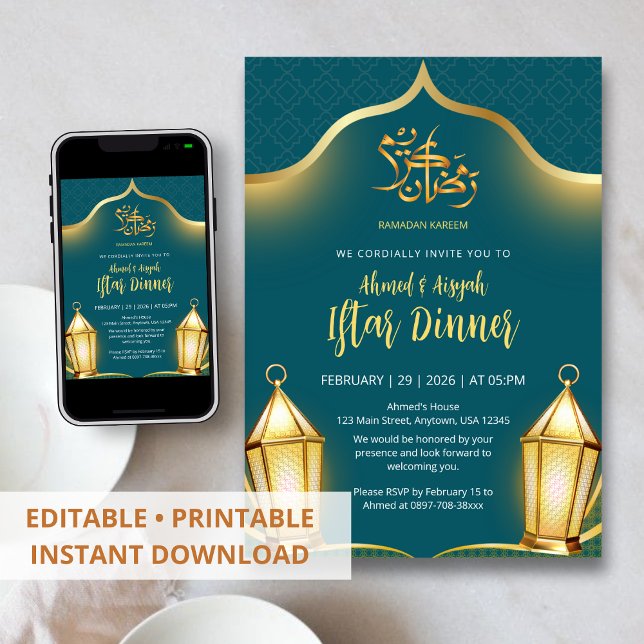 Convite Jantar de Iftar Islâmico Azul Turquesa e Dourado E (Criador carregado)