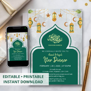 Convite Jantar de Iftar Islâmico Clássico Verde e Dourado