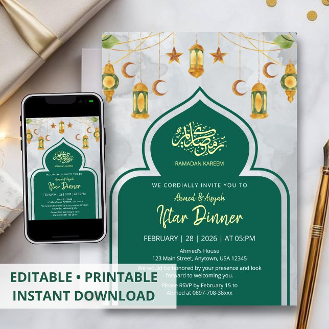 Convite Jantar de Iftar Islâmico Clássico Verde e Dourado (Criador carregado)