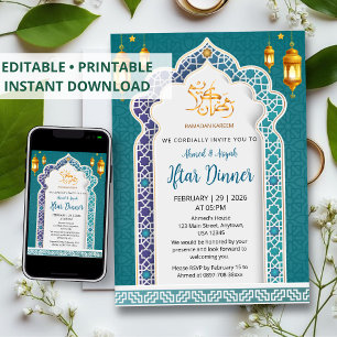 Convite Jantar de Iftar Islâmico de Luxo Azul Real e Doura