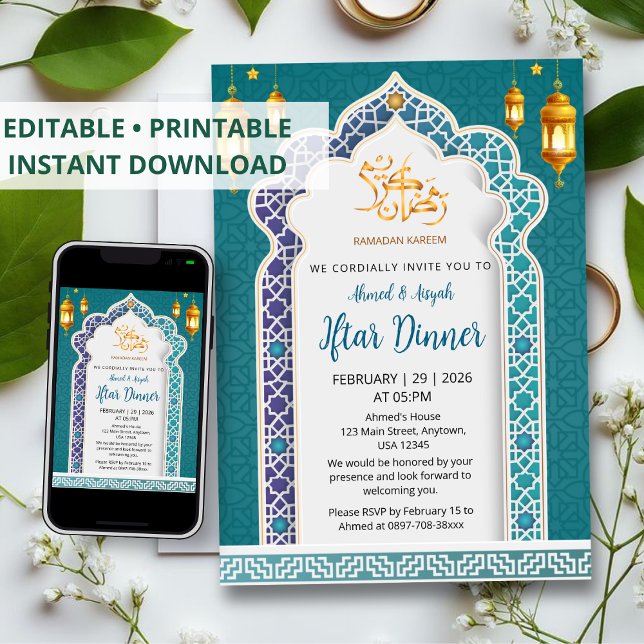 Convite Jantar de Iftar Islâmico de Luxo Azul Real e Doura (Criador carregado)