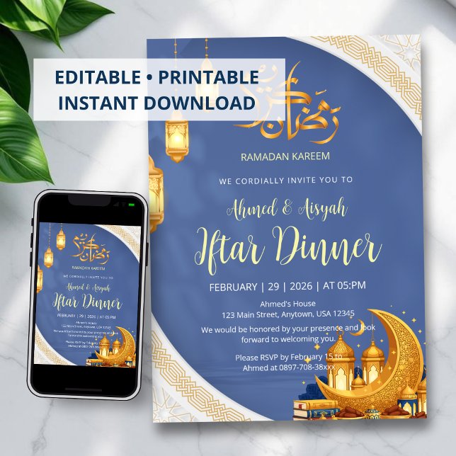 Convite Jantar de Iftar Islâmico Elegante Azul Real e Dour (Criador carregado)