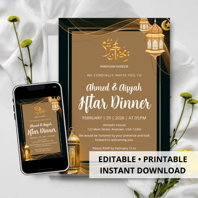 Convite Jantar de Iftar Islâmico Luxuoso Dourado e Preto (Criador carregado)