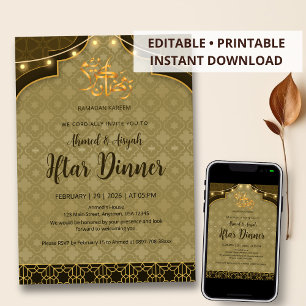 Convite Jantar de Iftar Islâmico Luxuoso Marrom e Dourado