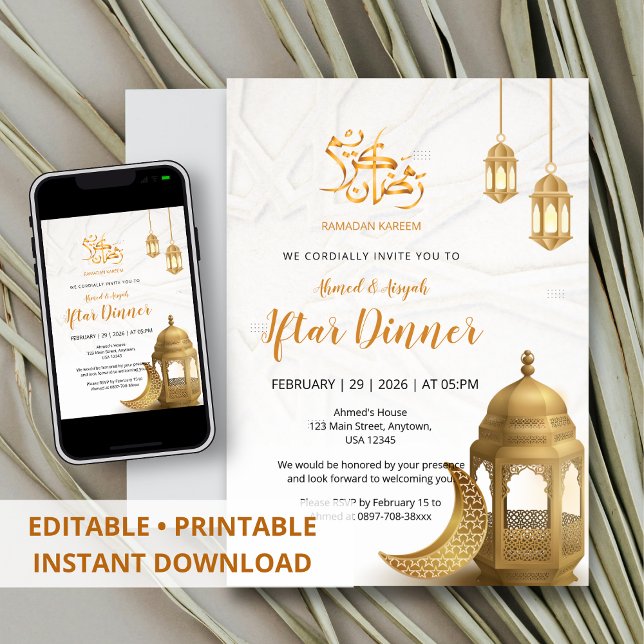 Convite Jantar de Iftar Lanterna Dourada Elegante & Cresce (Criador carregado)