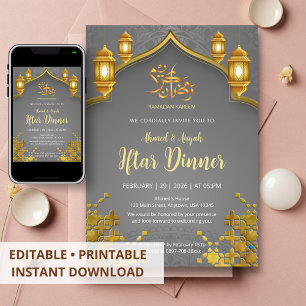 Convite Jantar de Iftar Luxuoso Dourado e Cinza Carvão