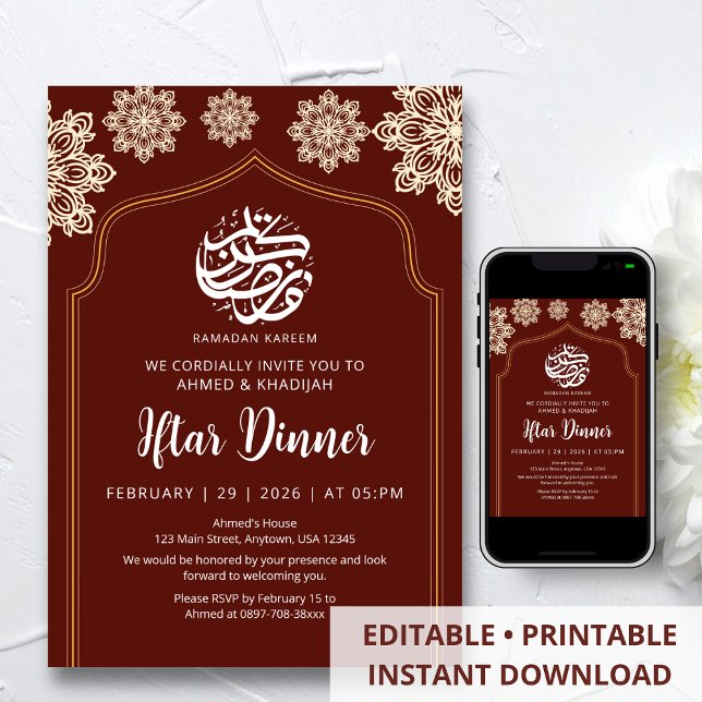 Convite Jantar de Iftar Minimalista Dourada Mandala Ramada (Criador carregado)