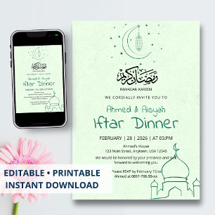 Convite Jantar de Iftar na Mesquita Crescente Verde Elegan