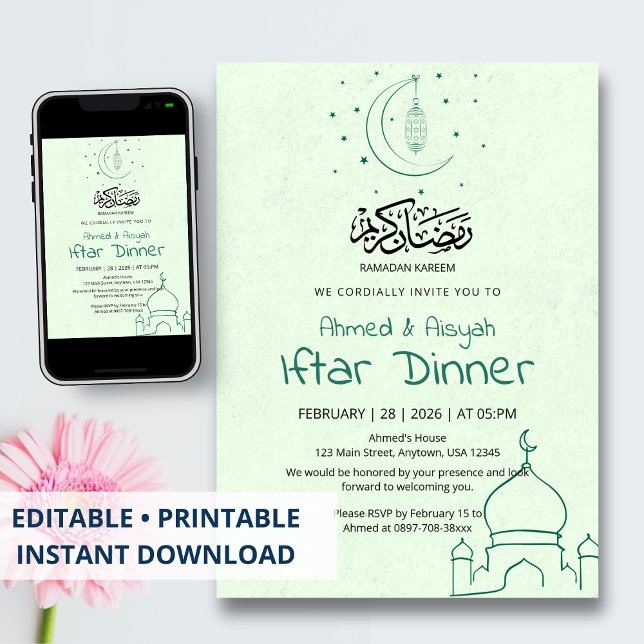 Convite Jantar de Iftar na Mesquita Crescente Verde Elegan (Criador carregado)